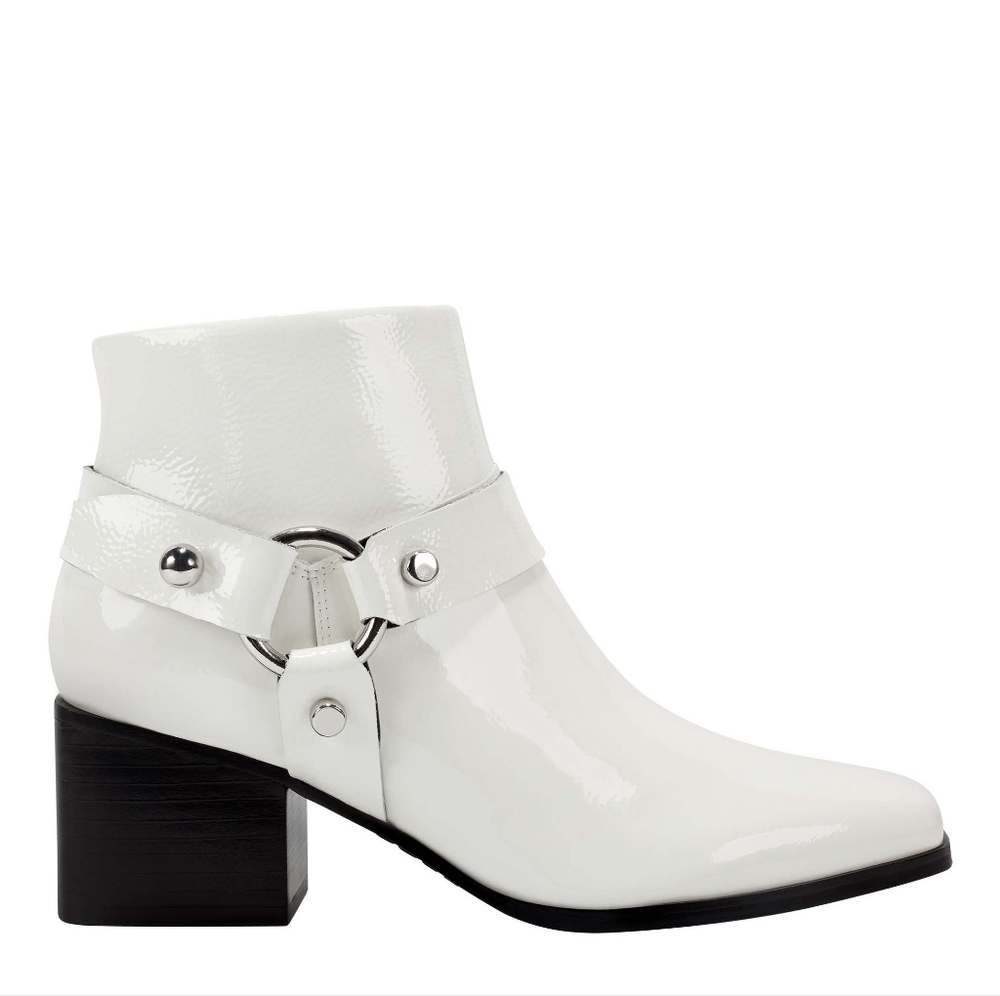 Marc Fisher Gerod White Patent Ankle Boot w Silver Buckle Detailing